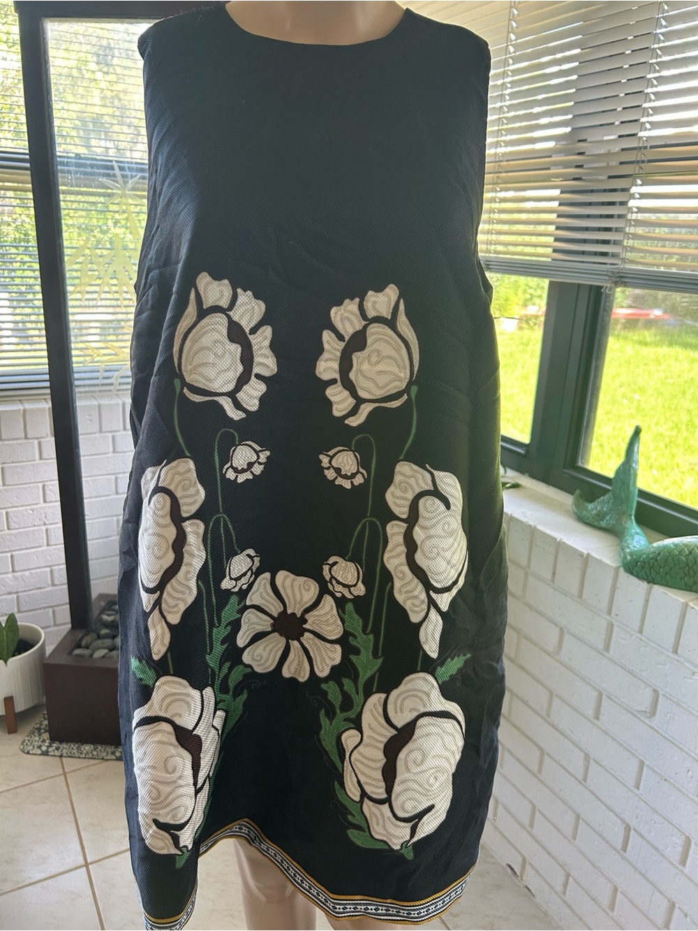 Tuckernuck Black Dress with White Floral Embroidery and Green Stems